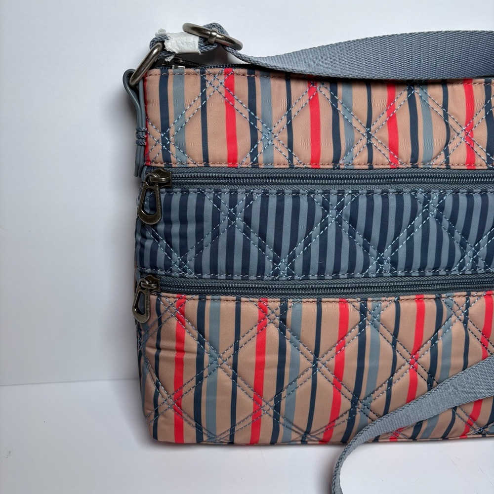 NEW SAKROOTS Artist Circle Zen Crossbody Bag Purse Vintage Stripe Triple Zip Owl - Picture 3 of 8